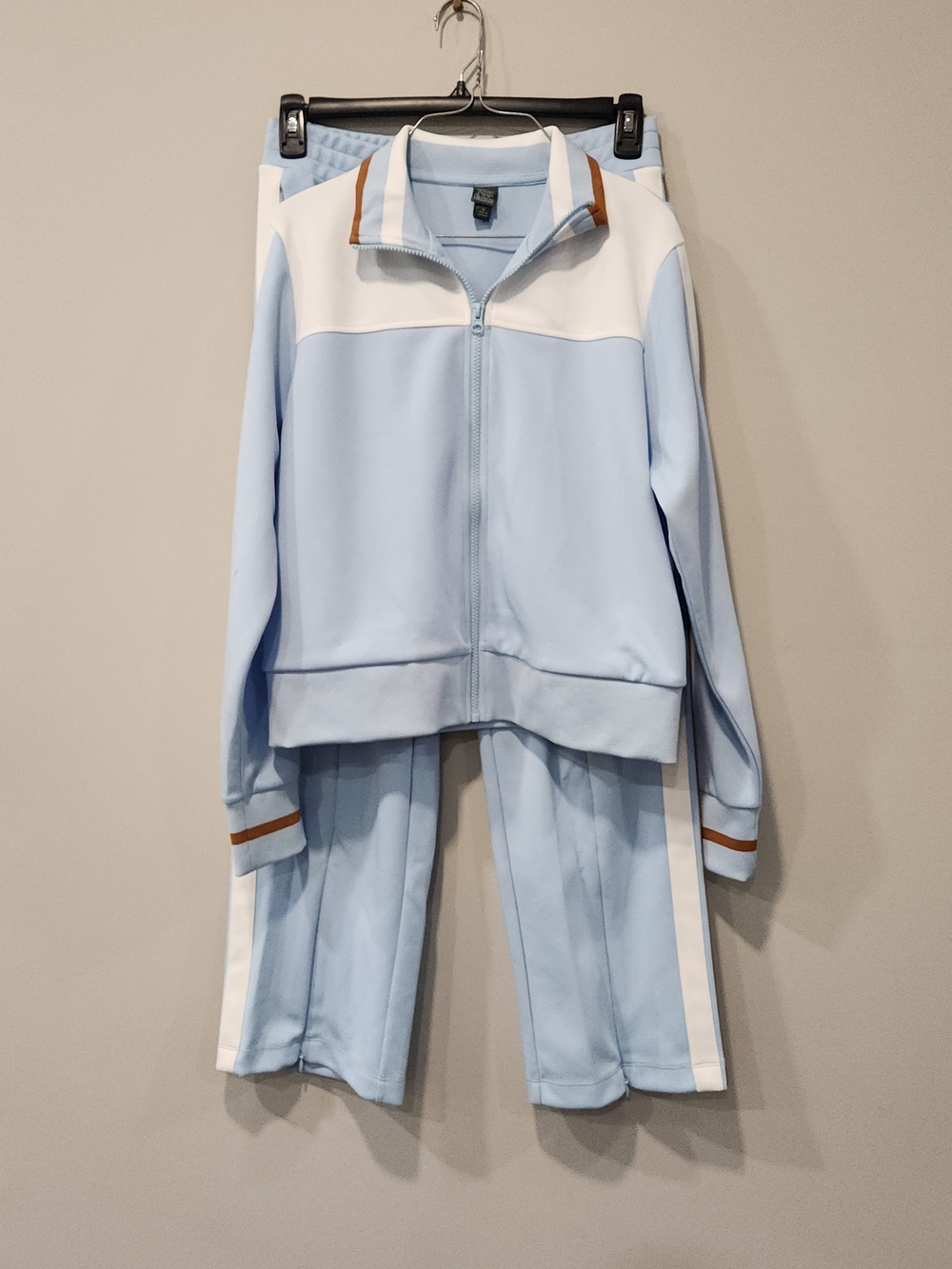 wild fable Light Blue and White Track Jacket & Pants Set with Brown Trim